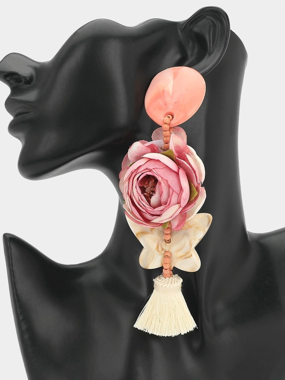 Pink Floral Tassel Statement Earrings - Women Jewelry